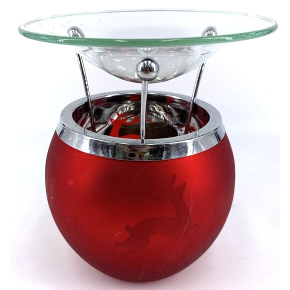 Slatkin & Co Dancing Tealight Oil Warmer Frosted Reindeer Red Glass 5" Tall - Picture 5 of 9